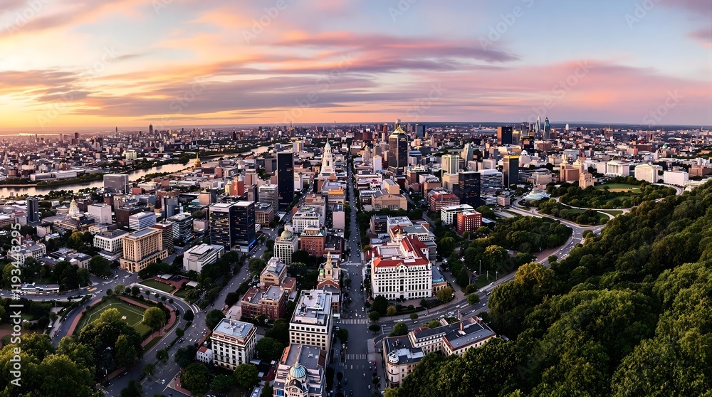 Fototapeta premium Panoramic city view with river at sunset