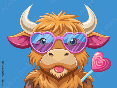 Whimsical Cartoon Highland Cow with Pink Heart-Shaped Sunglasses and Lollipop in Pop Art Style