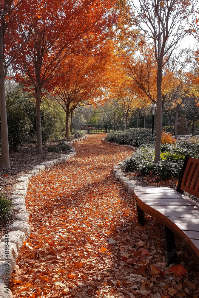 Naklejka premium Parc d'automne paisible avec feuilles mortes et arbres colorés