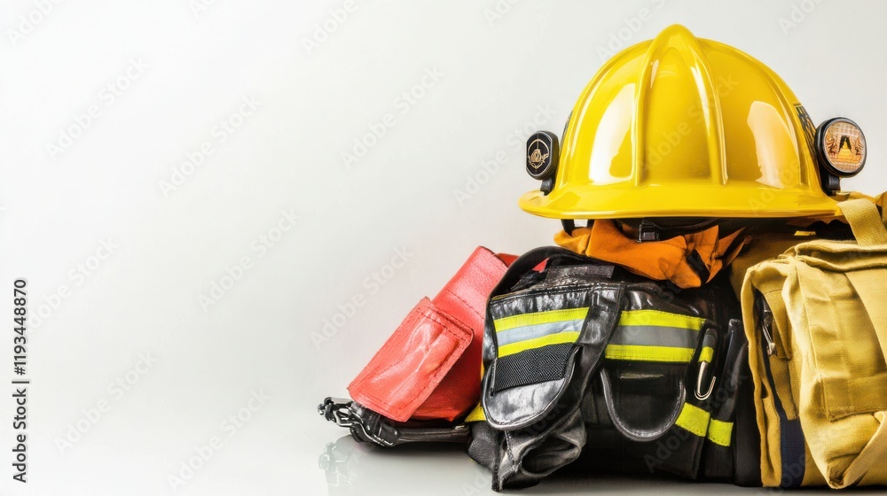 Safety Gear for Emergency Responders Featuring a Yellow Hard Hat, Tool Bags, and Equipment for Firefighting and Rescue Operations in a Professional Setting Safety Gear for Emergency Responders Featuring a Yellow Hard Hat, Tool Bags, and Equipment for Firefighting and Rescue Operations in a Professional Setting