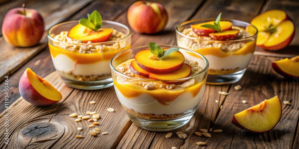Creamy dessert layered with peach slices, caramel sauce, and crunchy granola, served in glass jars on a rustic wooden table Creamy dessert layered with peach slices, caramel sauce, and crunchy granola, served in glass jars on a rustic wooden table