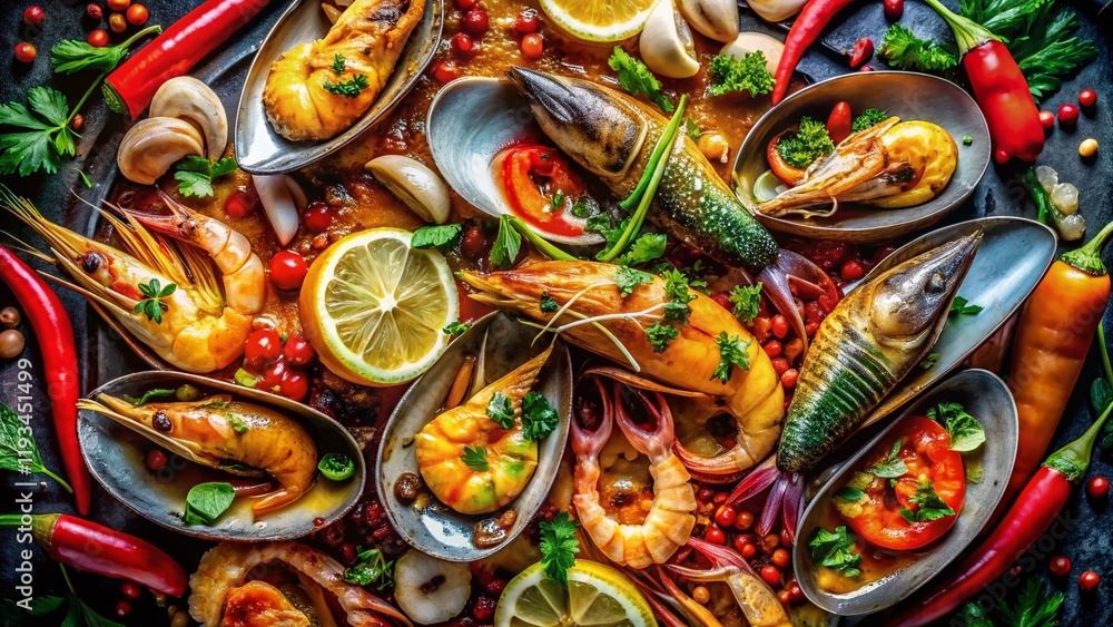 Fototapeta premium Exotic Seafood Platter: Top-Down Macro Shot of Delicious, Fresh Seafood