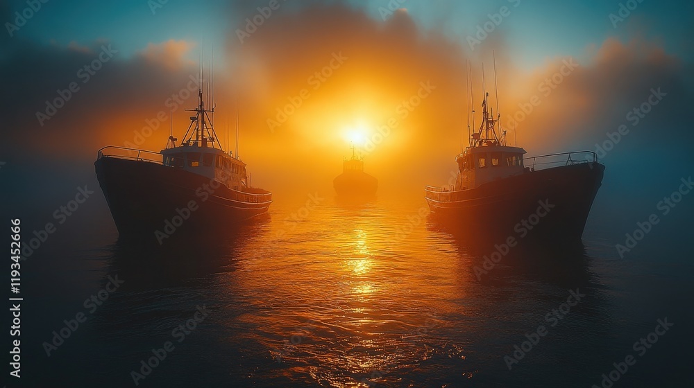 Serene Sunrise Over Foggy Waters with Tugboats Silhouette in a Tranquil Harbor, Captivating Maritime Scene with Majestic Color Palette of Gold and Blue Serene Sunrise Over Foggy Waters with Tugboats Silhouette in a Tranquil Harbor, Captivating Maritime Scene with Majestic Color Palette of Gold and Blue