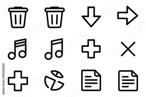 Minimalistic Black Line Vector Icon Set - Delete, Download, Music, Add, and Organize