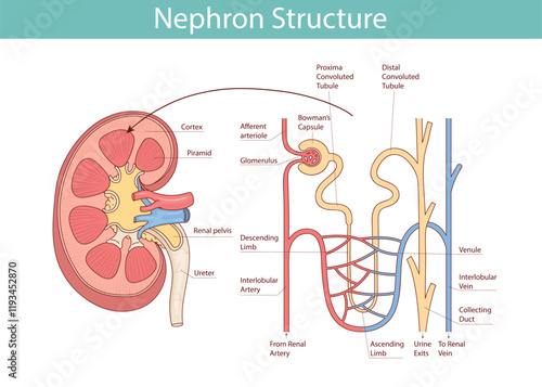 Structure of the nephron of the kidney. Vector medical illustration