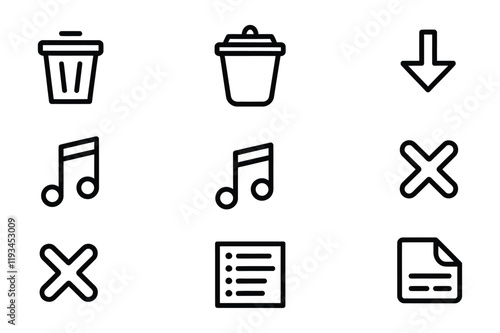 Minimalistic Black Line Vector Icon Set - Delete, Download, Music, Add, and Organize