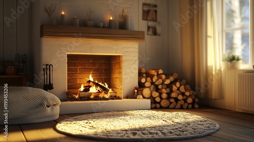 A cozy fireplace with a stack of firewood and a soft rug in front