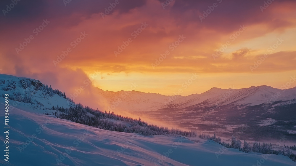 Obraz premium The soft orange and pink hues in the sky contrast beautifully with the cold white of the mountains.