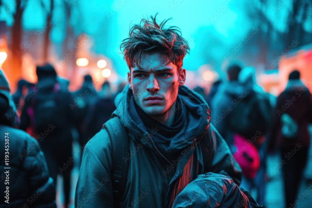Obraz premium Young man guiding a crowd in an evacuation zone during low light conditions