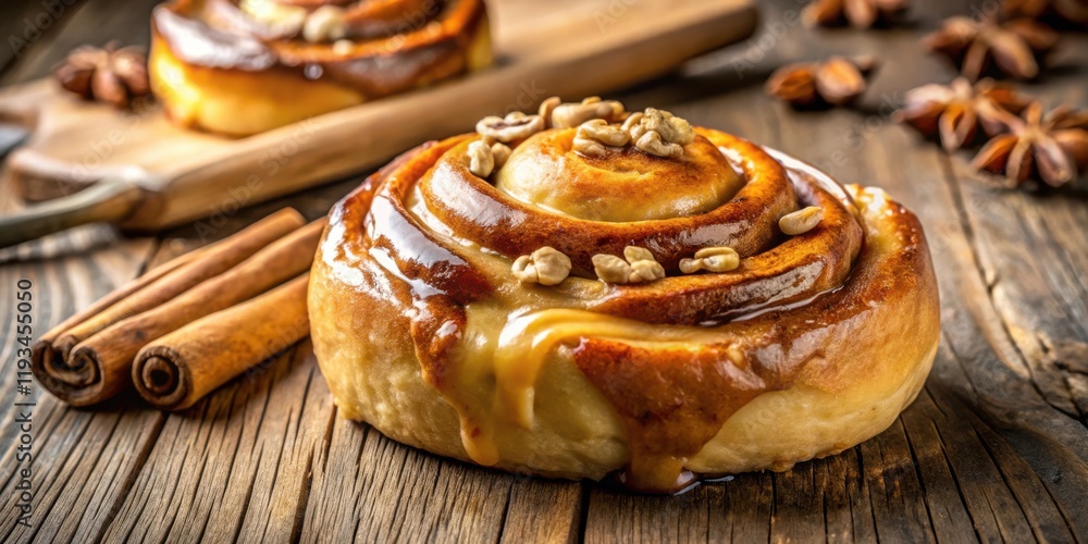A Close-Up of a Deliciously Glazed Cinnamon Roll with Toasted Pecans, Served on a Rustic Wooden Table A Close-Up of a Deliciously Glazed Cinnamon Roll with Toasted Pecans, Served on a Rustic Wooden Table