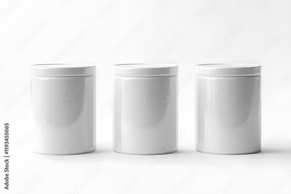 Three Blank White Cylindrical Containers Ready for Branding Three Blank White Cylindrical Containers Ready for Branding