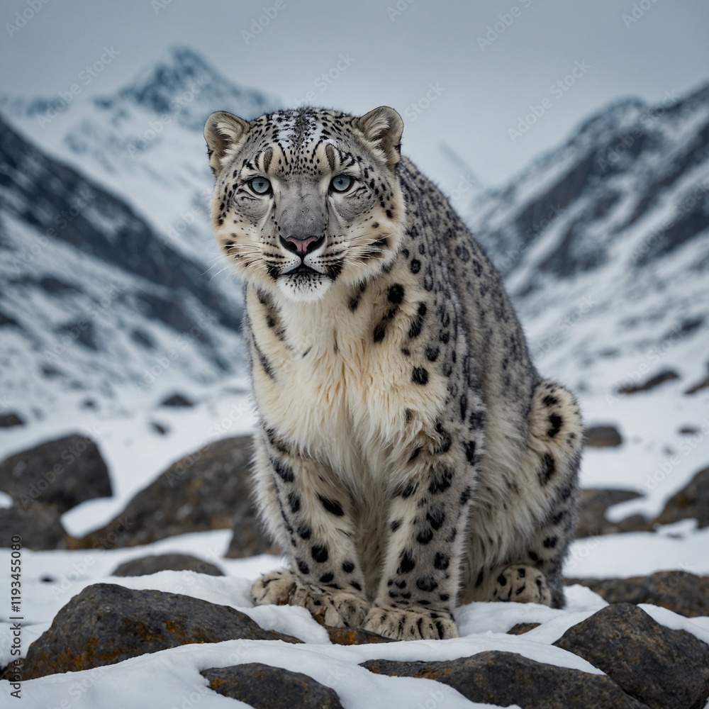 lynx on the rock Snow leopard perched on a radiant, snowy mountain peak. Snow leopard perched on a rock with a snowy mountain backdrop
lynx on the rock Snow leopard perched on a radiant, snowy mountain peak. Snow leopard perched on a rock with a snowy mountain backdrop