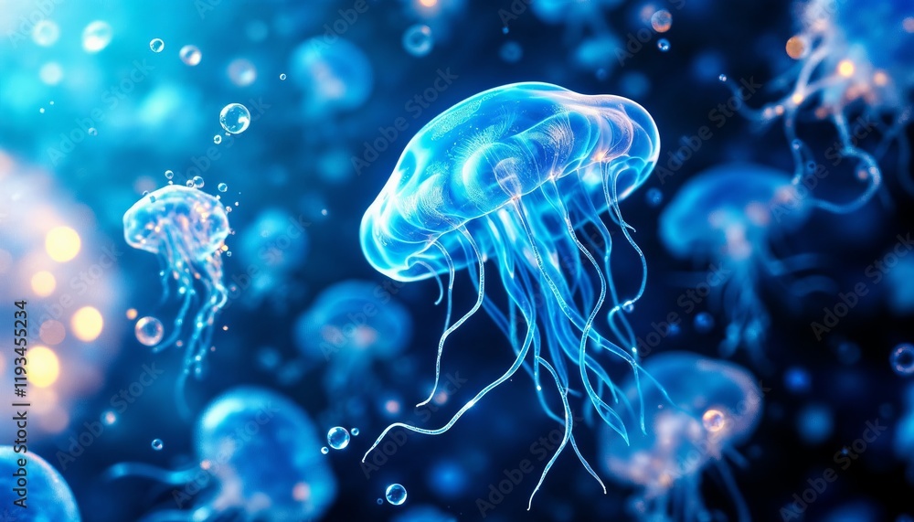 Blue jellyfish-like microbes, DNA strands, and bioluminescent creatures in a detailed cyan 3D underwater scene Blue jellyfish-like microbes, DNA strands, and bioluminescent creatures in a detailed cyan 3D underwater scene