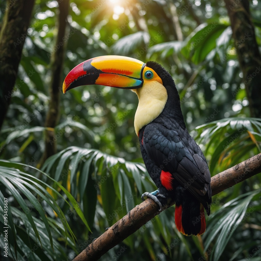 Naklejka premium toucan on a branch a toucan sitting on a tree branch Rainforest Biodiversity, Rich, colorful images of rainforest flora and fauna, emphasizing the need to protect these vital ecosystems