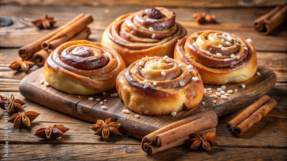 Fototapeta premium Sweet Cinnamon Rolls with a Festive Garnish of Star Anise and Cinnamon Sticks