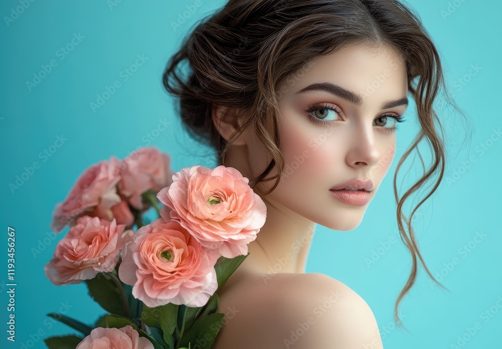 A beautiful woman with brown hair holding pink flowers, against a blue background A beautiful woman with brown hair holding pink flowers, against a blue background