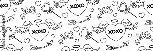 Valentine's Day festive hearts doodle pattern. Pink heart with angel wings. Flying arrow symbol Cupid. Outline romantic Background. Hugs and kisses abbreviated text. Vector line illustration.