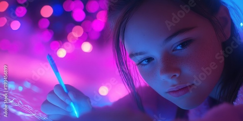 Young Girl Drawing with Neon Lights in a Dreamy Setting Under a Starry Sky