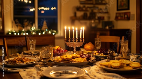 A cozy Hanukkah dinner with menorahs, latkes, and dreidels displayed photo