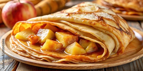 Close-up of golden brown crepes layered with sweet caramelized apple slices and a hint of cinnamon