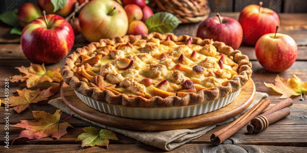 A Rustic Apple Pie with a Golden Crumb Topping, Served with Cinnamon Sticks on a Wooden Table Beside Fall Leaves A Rustic Apple Pie with a Golden Crumb Topping, Served with Cinnamon Sticks on a Wooden Table Beside Fall Leaves