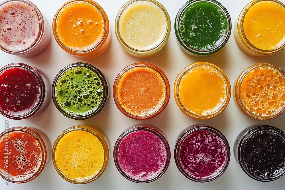 A selection of colorful fruit smoothies isolated against a white backdrop. A selection of colorful fruit smoothies isolated against a white backdrop.