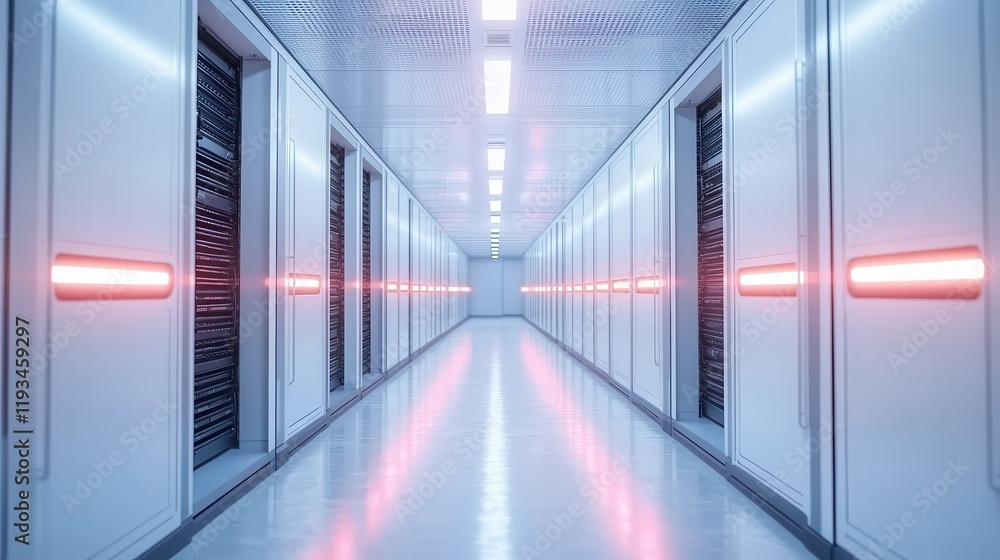 Fototapeta premium A futuristic data center corridor with glowing red lights and rows of server racks, creating a high-tech atmosphere.