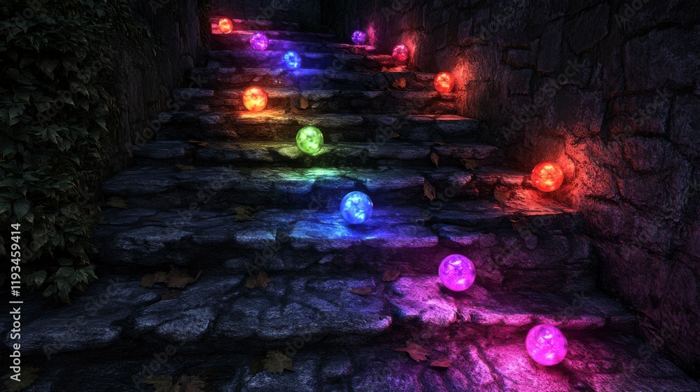 Obraz premium A digital rendering of colorful rainbow balls bouncing down urban stairs, their vibrant colors reflecting the dynamic energy of the cityscape, creating a lively and playful atmosphere in a modern