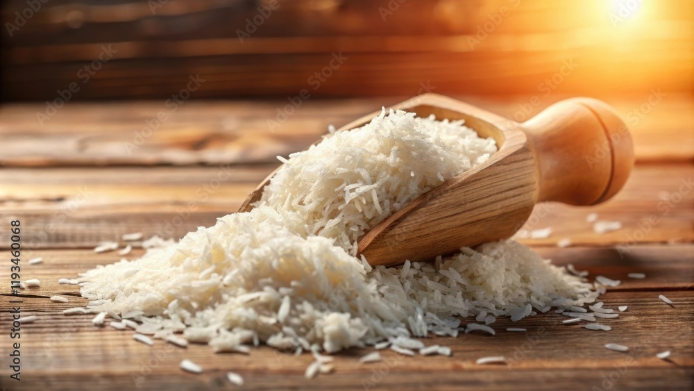 Fototapeta premium A wooden scoop spilling white rice onto a rustic wooden surface with warm sunlight illuminating the scene.
