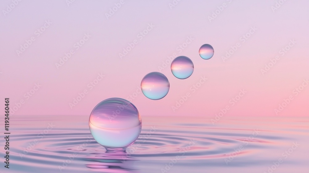 A series of four glass spheres floating on top of a body of water A series of four glass spheres floating on top of a body of water
