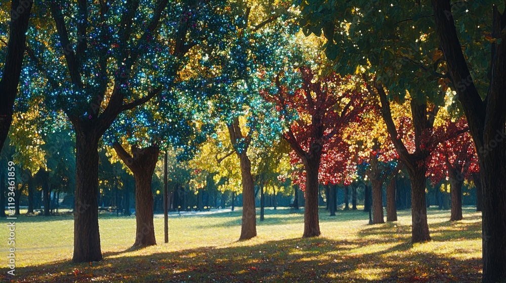 Naklejka premium A serene park scene featuring illuminated trees showcasing vibrant autumn colors, including shades of red, yellow, and golden green. Sparkling lights enhance the natural beauty, casting sparkling refl