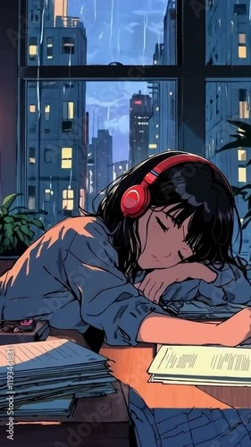 lofi anime girl, lofi anime, lofi, anime girl sleeping and raining outside, rainy, 4K resolution, peaceful, plant, night, sound, music, 4K Lofi Japanese Anime-style background animation video