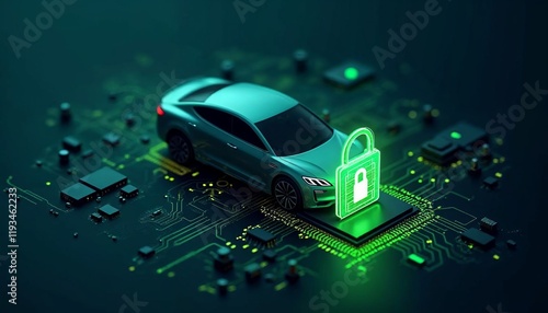 Cybersecurity in automotive technology, futuristic car on circuit board, neon green glow, padlock icon on microchip, digital security concept 
