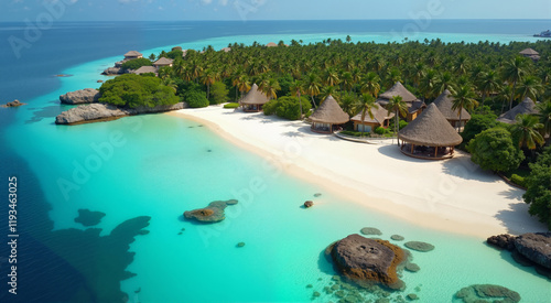Fototapeta Naklejka Na Ścianę i Meble -  Tropical Island Paradise with Luxury Bungalows.  Enjoy a secluded getaway on a pristine white sand beach.