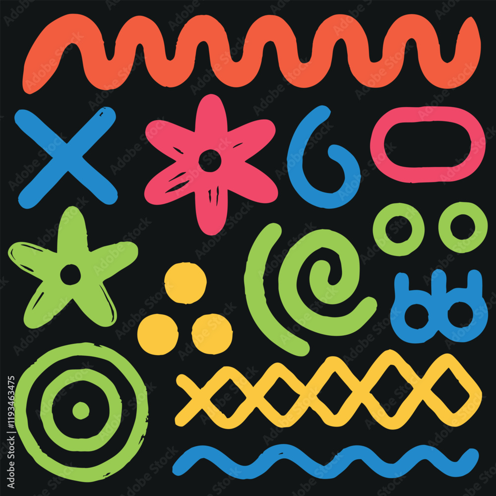 Fototapeta premium Charcoal colorful doodle graffiti punk and girly shapes collection. Geometric style in multi colored.Vector illustration, Colorful geometric elements.