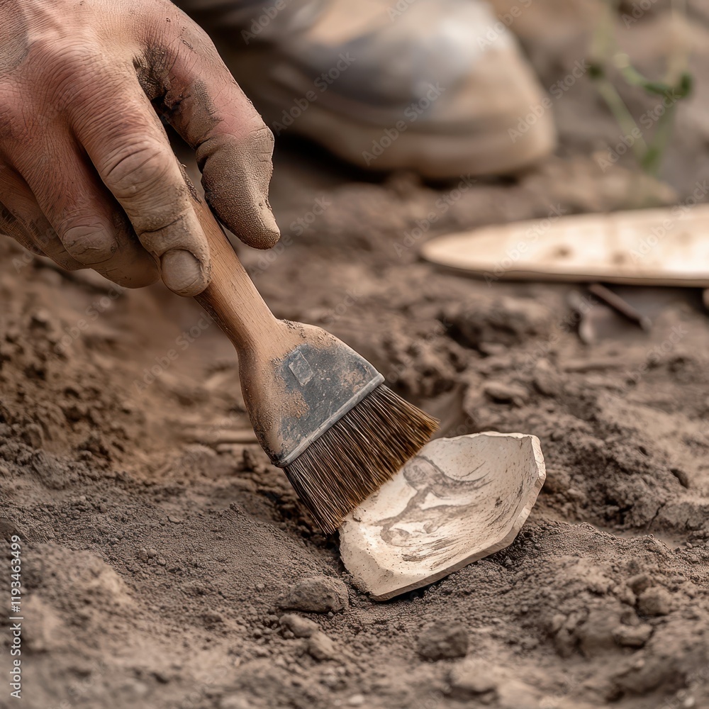 Naklejka premium hand of an archaeologist carefully uncovering an old pottery shard with a brush