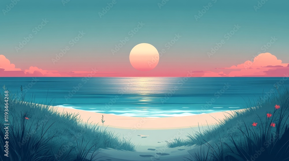 Obraz premium A serene beach at sunset with colorful skies and gentle waves lapping at the shore.