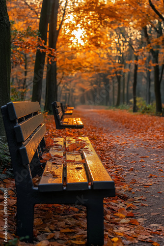 Parc automnal tranquille avec bancs et feuilles colorées photo