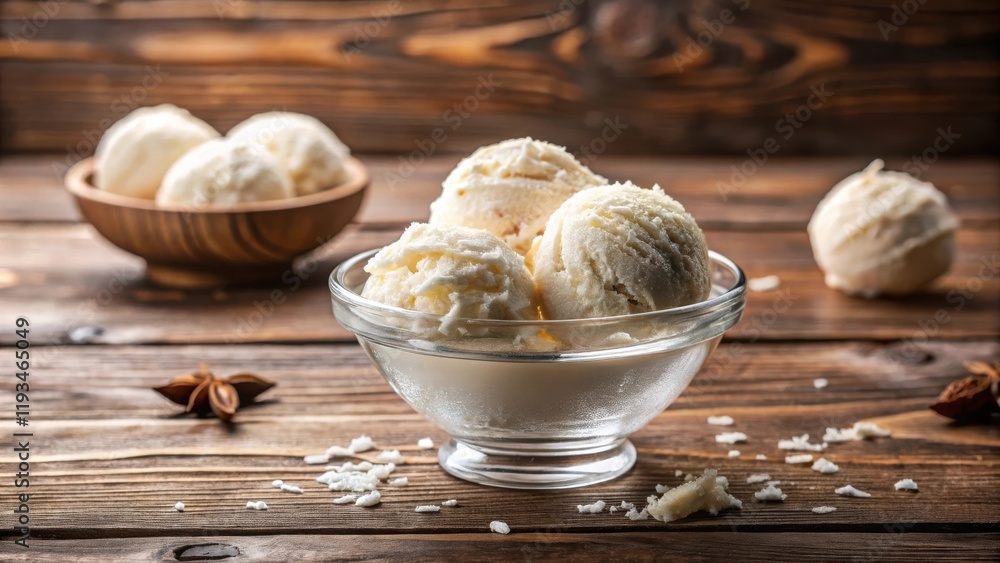 Fototapeta premium Creamy vanilla ice cream scoops in a glass bowl on rustic wooden table
