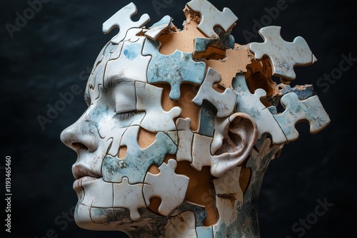 Abstract Sculpture of Human Head with Puzzle Pieces Symbolizing Mental Health and Illness Awareness