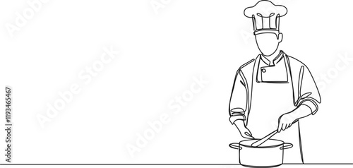 continuous single line drawing of chef in kitchen preparing meal, one line vector illustration