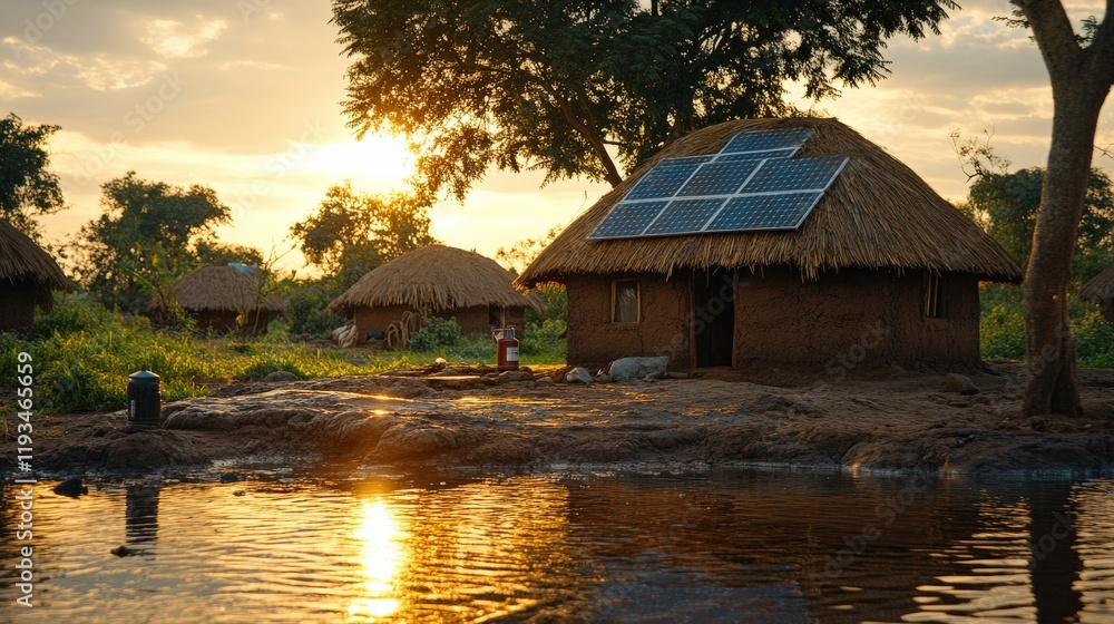 Fototapeta premium Traditional Thatched Roof Houses with Solar Panels Against a Golden Sunset in an African Rural Landscape Reflected on Calm Water