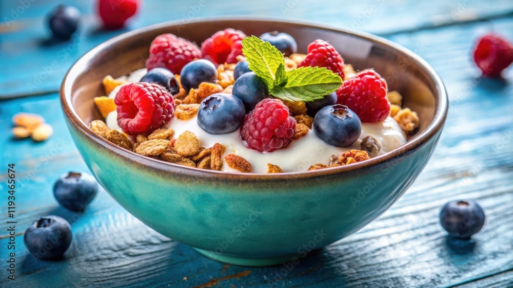 A refreshing and colorful breakfast bowl with yogurt, granola, raspberries, and blueberries, a healthy and delicious start to the day. A refreshing and colorful breakfast bowl with yogurt, granola, raspberries, and blueberries, a healthy and delicious start to the day.