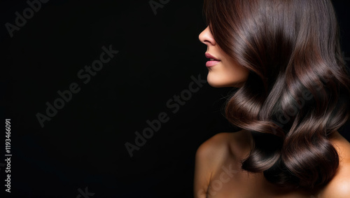 Portrait of a woman with beautiful wavy shiny hair side view. Brunette on a dark background