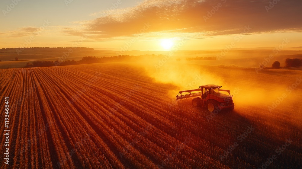 Fototapeta premium Tractors Working in Agricultural Field During Golden Hour Light with Dust Clouds and Dramatic Sky at Sunrise