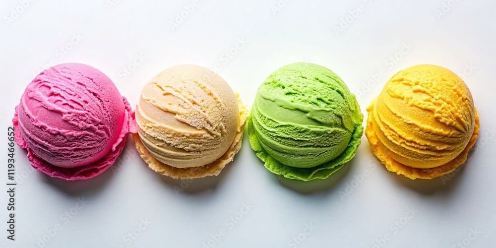 Obraz premium Four Colorful Ice Cream Scoops, Top View, Minimalist Photography