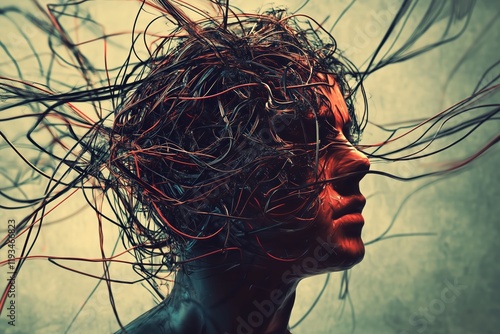Surrealistic Illustration of Person Struggling with Mental Illness Surrounded by Chaotic Wires