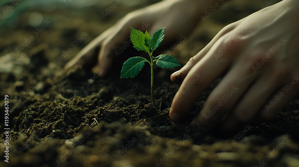 Fototapeta premium Hands Gently Planting A Delicate Young Sprout In Soil