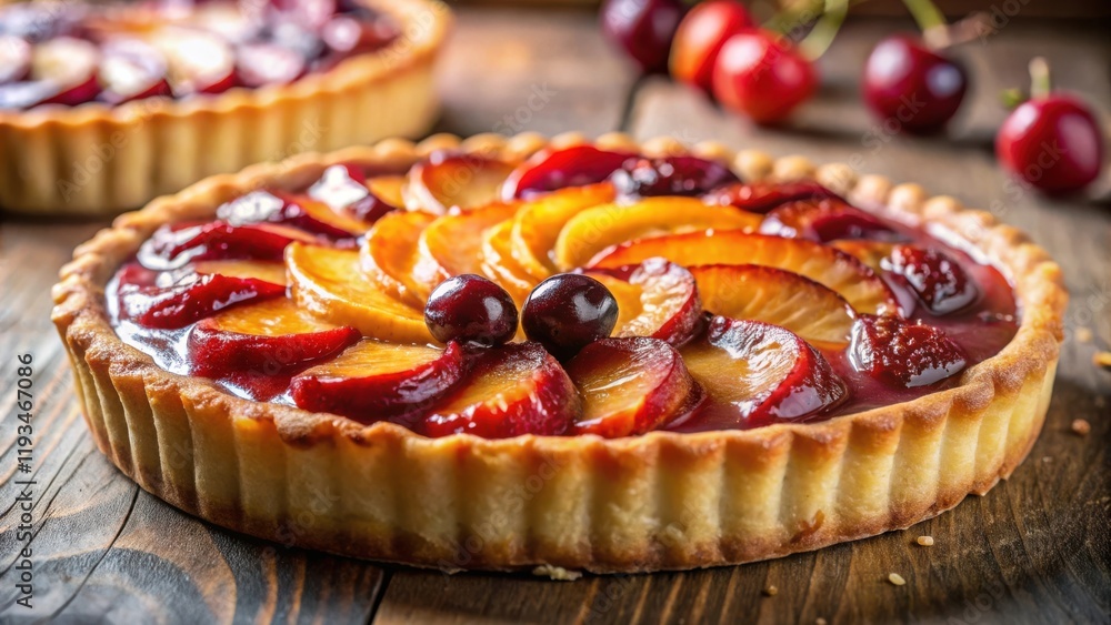 A golden brown crust pie filled with a juicy mixture of plump plums and slices of peaches, topped with a glossy glaze and adorned with plump cherries. A golden brown crust pie filled with a juicy mixture of plump plums and slices of peaches, topped with a glossy glaze and adorned with plump cherries.