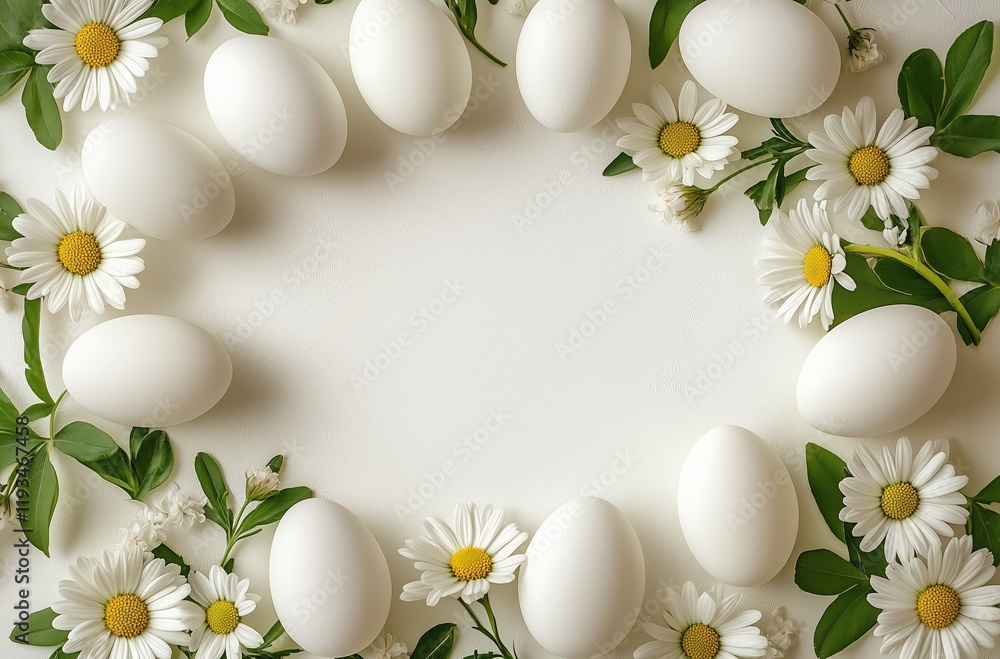 Decorated white eggs and daisies arranged in a circular pattern on a light background Decorated white eggs and daisies arranged in a circular pattern on a light background